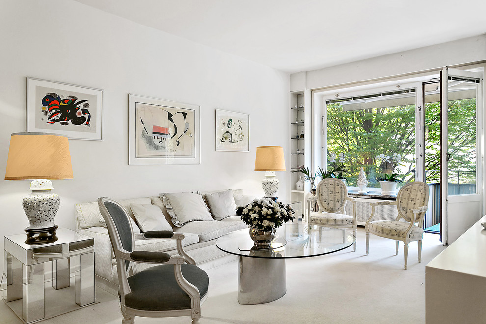 Example of a mid-sized trendy formal and open concept carpeted living room design in Stockholm with white walls