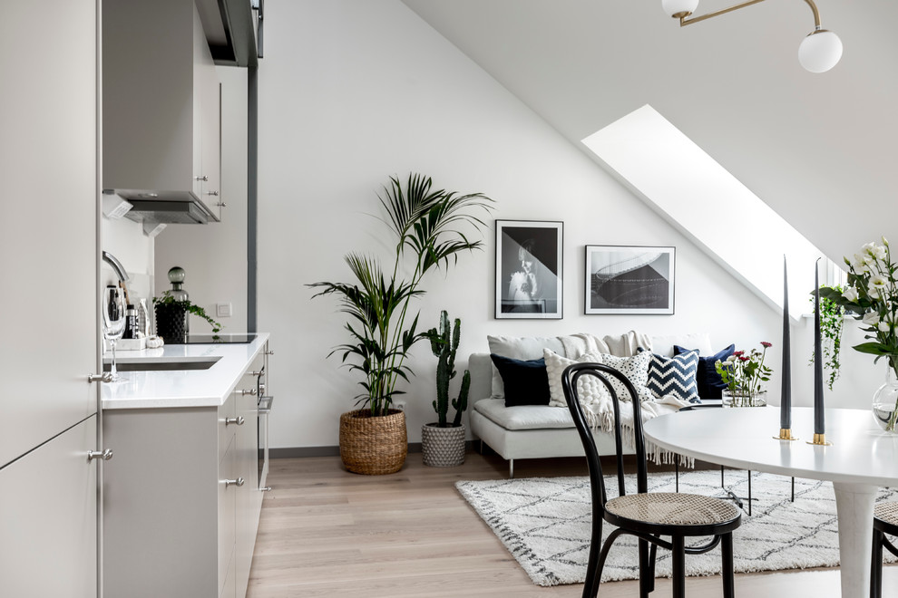 Mittelgroßes, Fernseherloses, Offenes Nordisches Wohnzimmer mit weißer Wandfarbe und hellem Holzboden in Göteborg