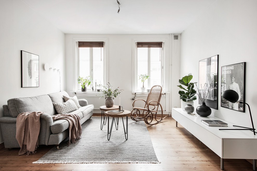Стильный дизайн: гостиная комната среднего размера в скандинавском стиле с белыми стенами и паркетным полом среднего тона без камина - последний тренд