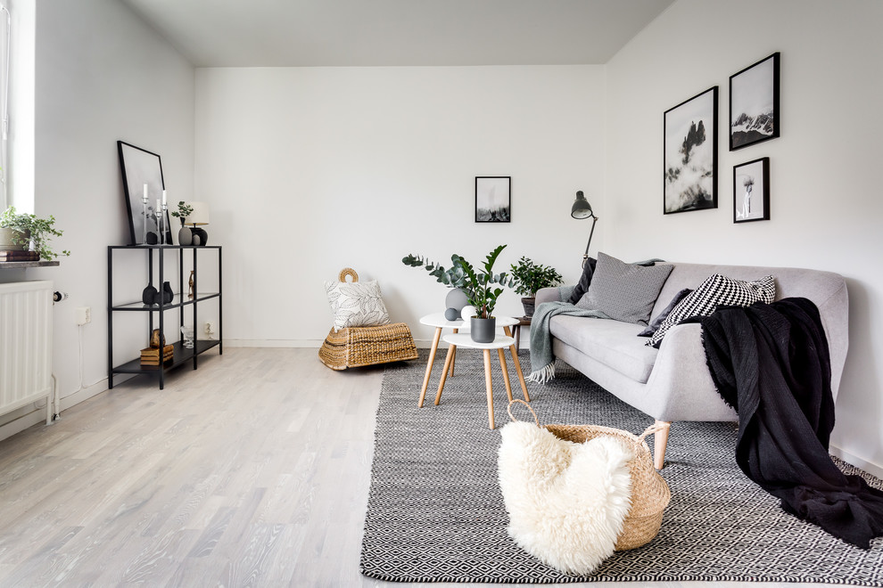 Idéer för skandinaviska separata vardagsrum, med vita väggar och ljust trägolv