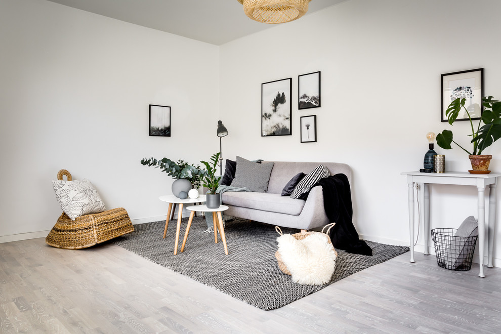 Medium sized scandinavian enclosed living room in Stockholm with white walls, light hardwood flooring, no tv and grey floors.