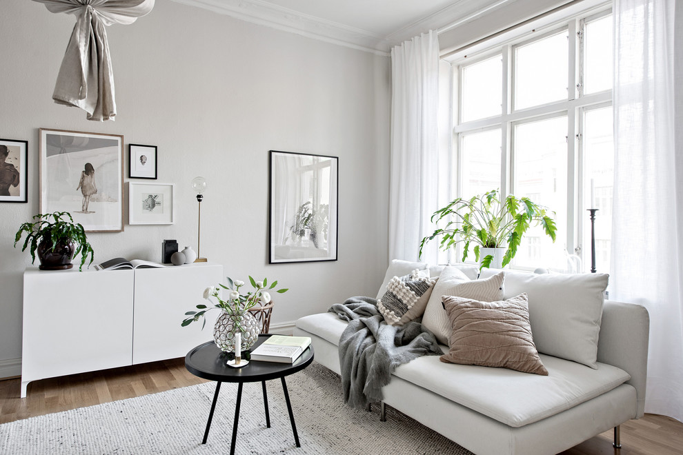 Immagine di un soggiorno nordico con pareti grigie, parquet chiaro e pavimento beige