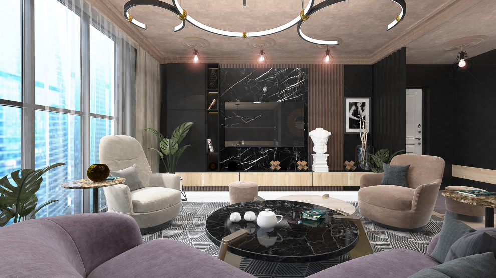 На фото: парадная, открытая гостиная комната среднего размера в современном стиле с черными стенами, телевизором на стене, белым полом, потолком с обоями, панелями на части стены и светлым паркетным полом