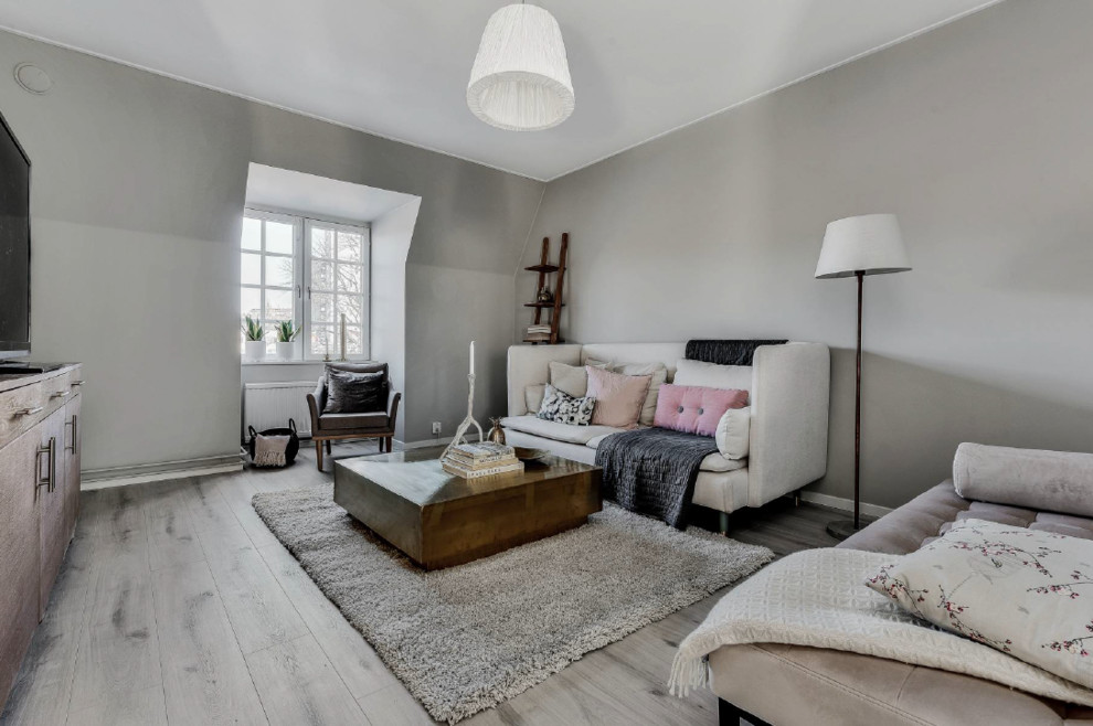 Idéer för skandinaviska vardagsrum, med grå väggar, mellanmörkt trägolv, en fristående TV och grått golv