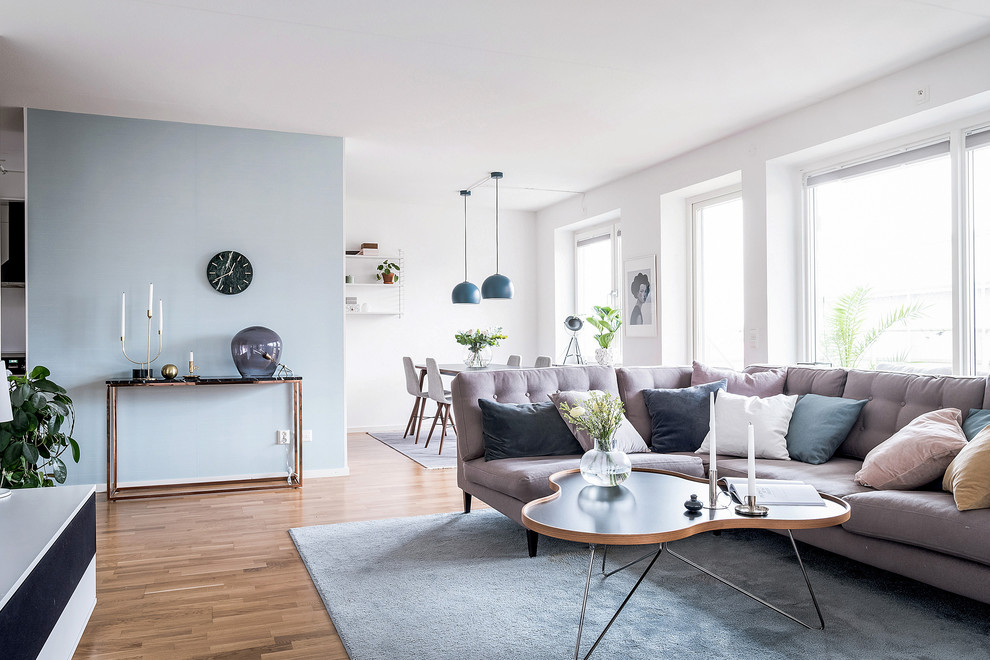 Ispirazione per un soggiorno nordico di medie dimensioni e aperto con pareti blu, pavimento in legno massello medio e pavimento beige