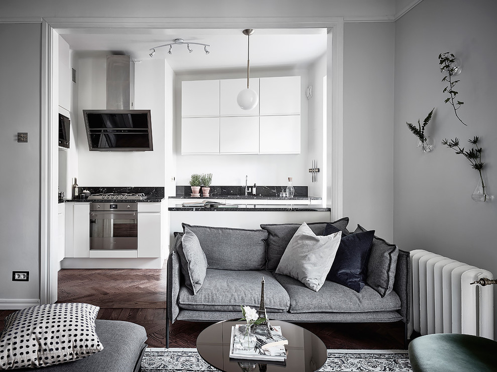 На фото: гостиная комната в скандинавском стиле с серыми стенами и темным паркетным полом