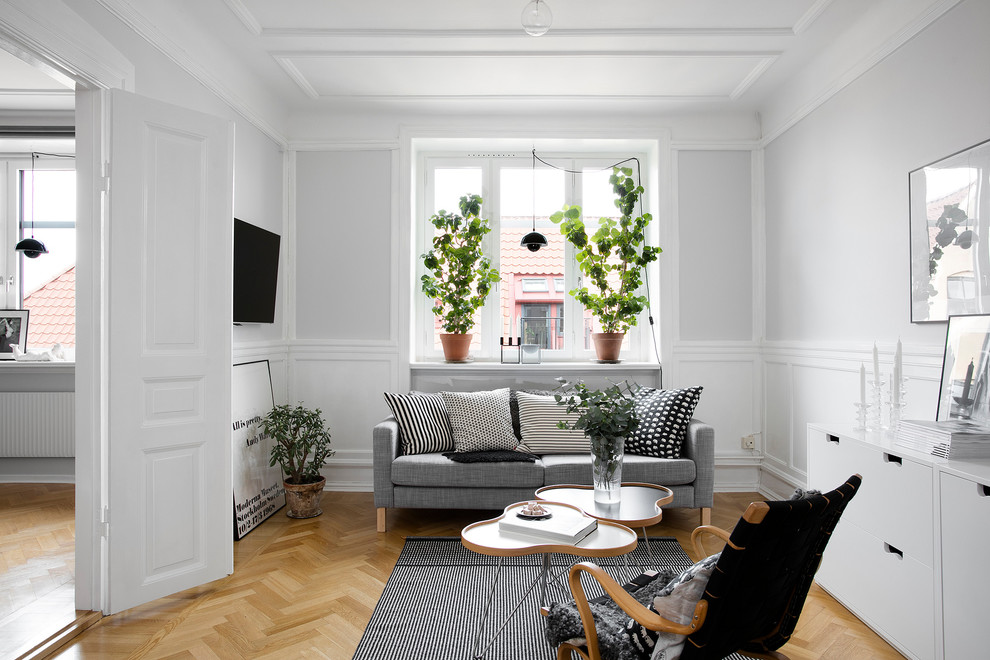 Scandinavian living room in Malmo with grey walls, medium hardwood flooring and brown floors.