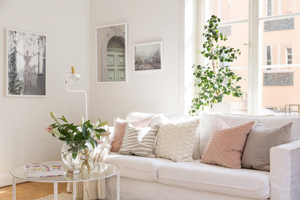 This is an example of a scandi living room in Stockholm with white walls and medium hardwood flooring.
