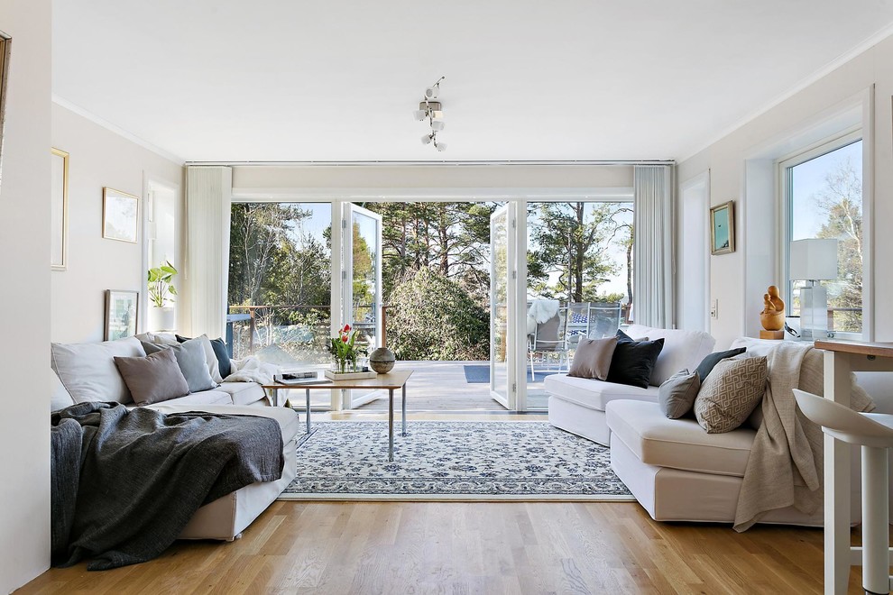 Immagine di un soggiorno nordico di medie dimensioni con sala formale, pavimento in legno massello medio, nessun camino, pavimento marrone, pareti beige e tappeto