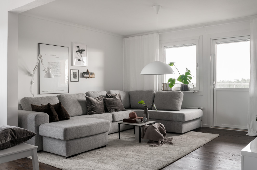 Пример оригинального дизайна: гостиная комната в скандинавском стиле с белыми стенами, темным паркетным полом и коричневым полом