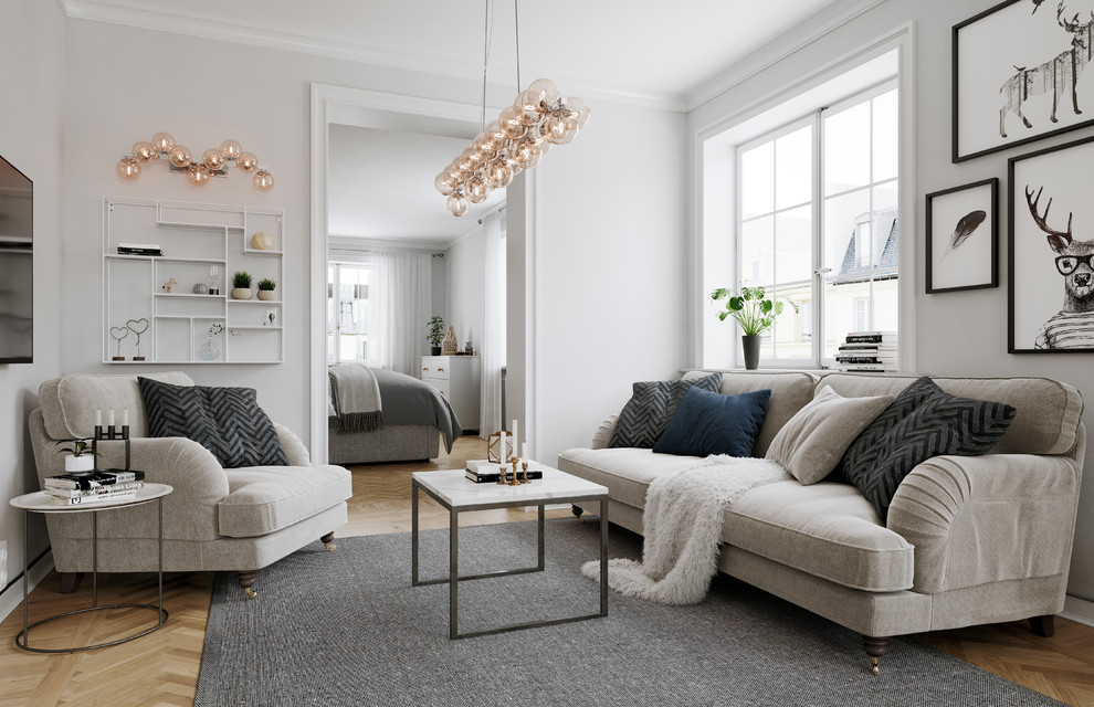 Inspiration för ett minimalistiskt vardagsrum, med grå väggar, mellanmörkt trägolv, en väggmonterad TV och brunt golv