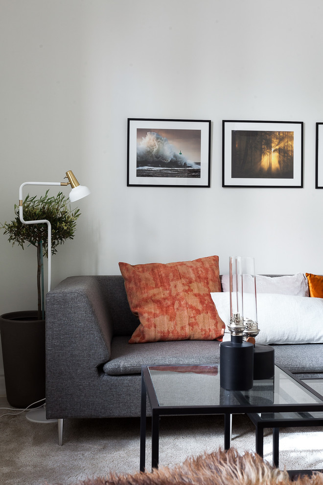 Imagen de salón para visitas cerrado moderno de tamaño medio sin chimenea y televisor con paredes blancas y moqueta