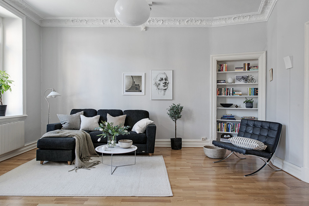 Imagen de salón para visitas abierto clásico de tamaño medio sin chimenea y televisor con paredes grises y suelo de madera clara