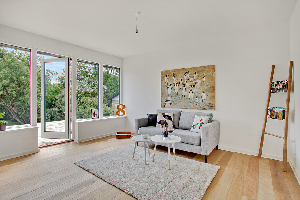 Diseño de salón para visitas cerrado minimalista de tamaño medio sin chimenea y televisor con paredes blancas y suelo de madera clara