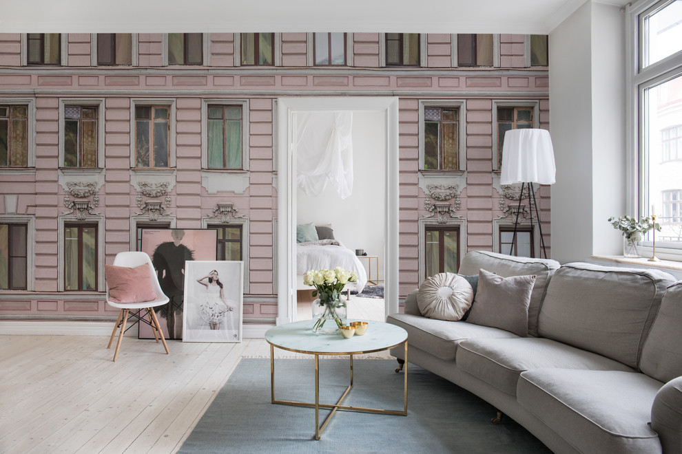 Foto de salón minimalista con paredes rosas