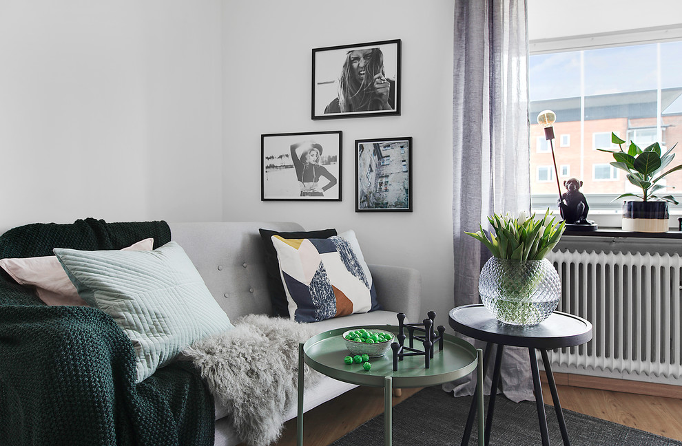 Kleines Nordisches Wohnzimmer mit weißer Wandfarbe in Stockholm