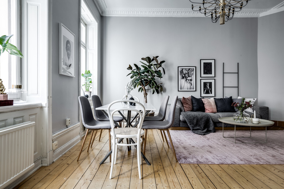 Diseño de salón escandinavo grande sin chimenea con paredes grises y suelo de madera en tonos medios