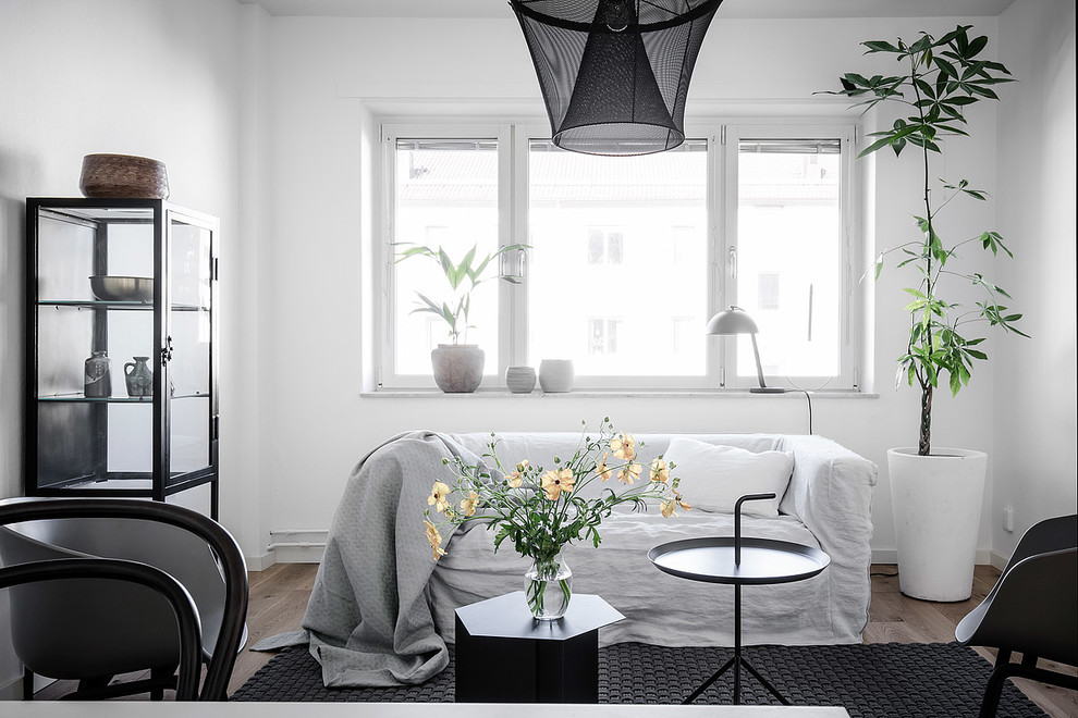 Ispirazione per un soggiorno scandinavo di medie dimensioni con pareti bianche e pavimento in legno massello medio