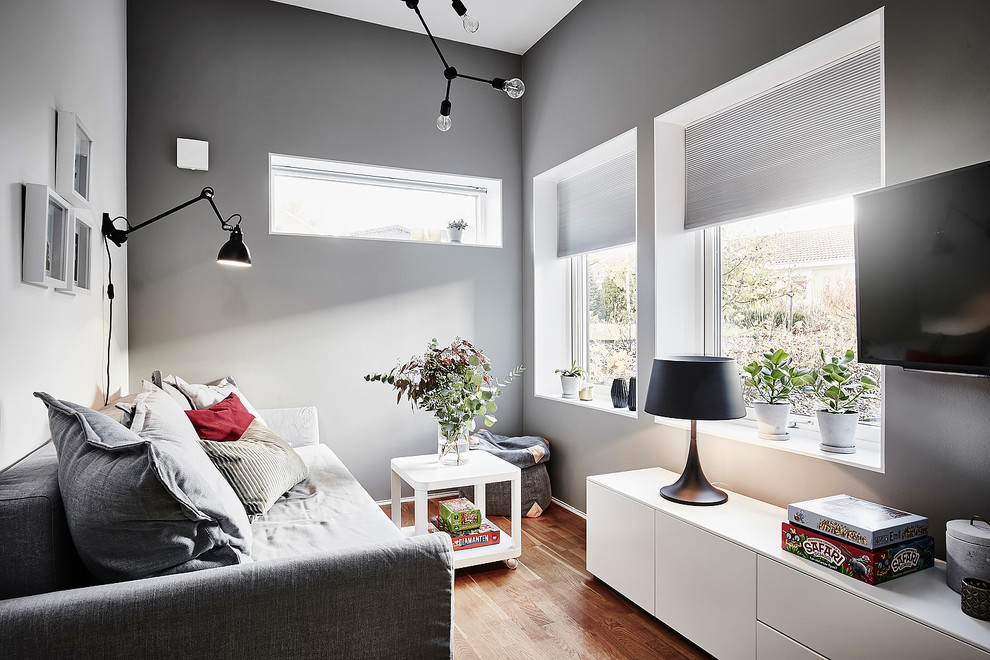 Inspiration för ett litet funkis vardagsrum, med grå väggar, mellanmörkt trägolv, en väggmonterad TV och brunt golv