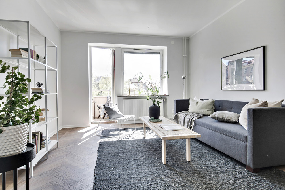 Idéer för mellanstora skandinaviska vardagsrum, med grå väggar, mörkt trägolv och brunt golv