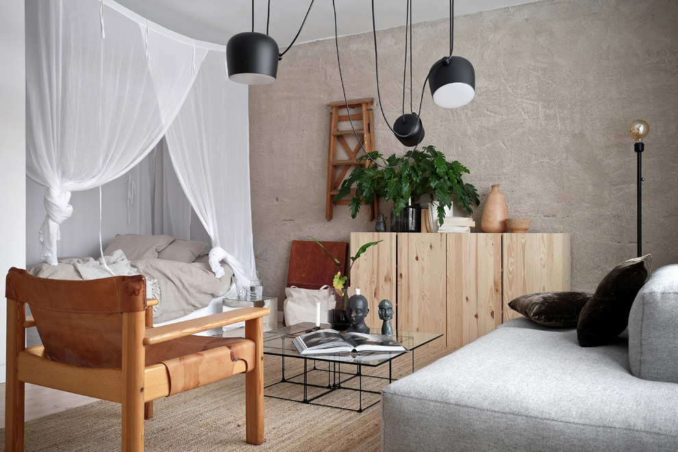 Свежая идея для дизайна: парадная, открытая гостиная комната среднего размера в скандинавском стиле с белыми стенами, светлым паркетным полом и белым полом без камина, телевизора - отличное фото интерьера