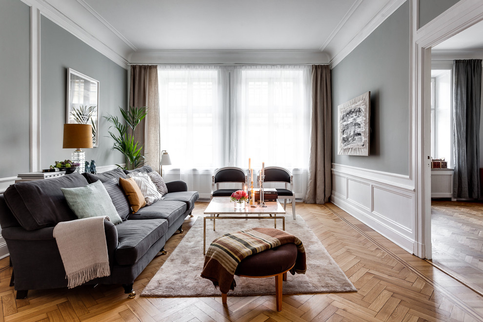 Inspiration for a medium sized classic formal open plan living room in Stockholm with grey walls, dark hardwood flooring, no fireplace and no tv.
