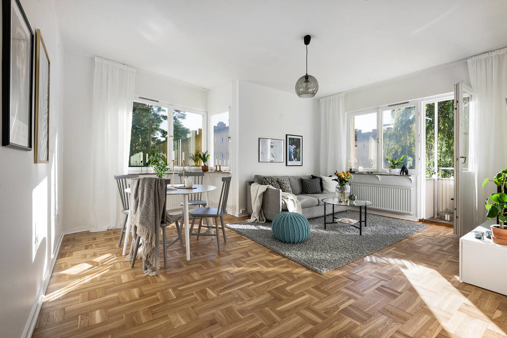 Photo of a scandinavian living room in Stockholm with white walls, medium hardwood flooring and no fireplace.