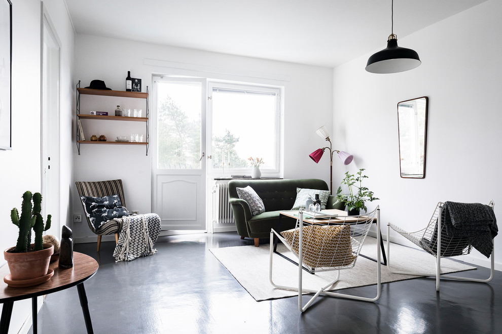 Inspiration för minimalistiska vardagsrum, med vita väggar och linoleumgolv