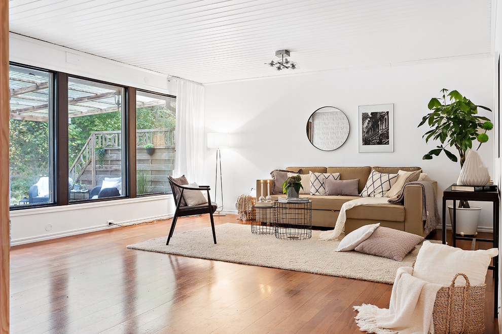 Large modern enclosed living room in Gothenburg with white walls, dark hardwood flooring and no fireplace.