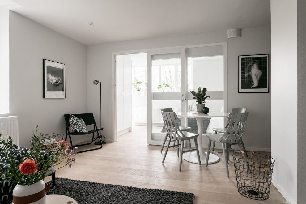 Scandinavian open plan living room in Stockholm with light hardwood flooring.