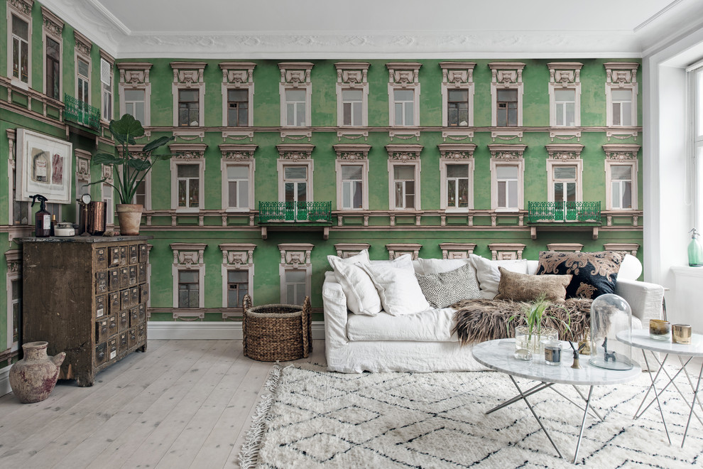 Ispirazione per un soggiorno minimalista con pareti verdi