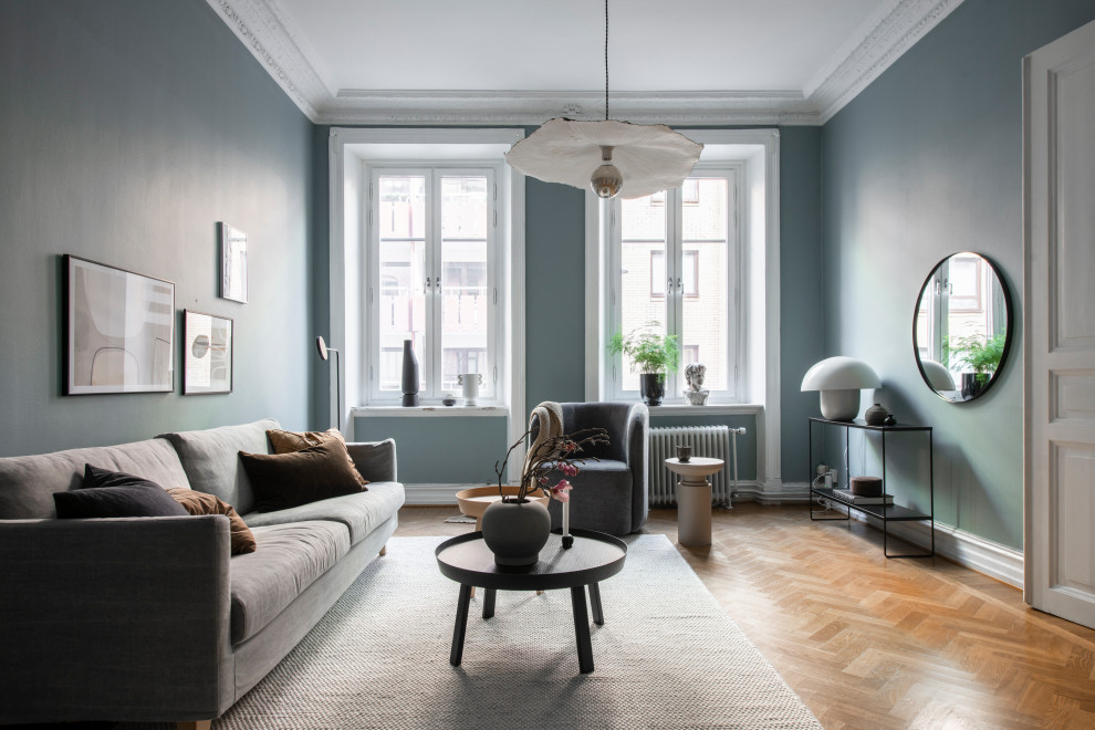 This is an example of a scandinavian enclosed living room in Gothenburg with blue walls, medium hardwood flooring and brown floors.