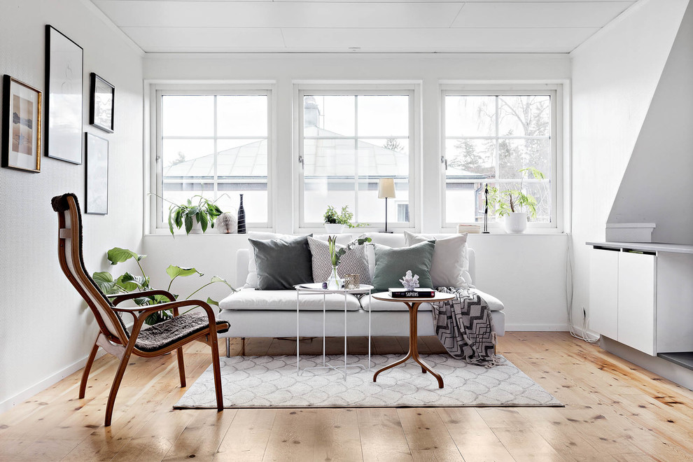 Источник вдохновения для домашнего уюта: изолированная гостиная комната в скандинавском стиле с белыми стенами, светлым паркетным полом и бежевым полом