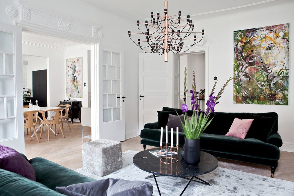 Exempel på ett skandinaviskt separat vardagsrum, med vita väggar och beiget golv