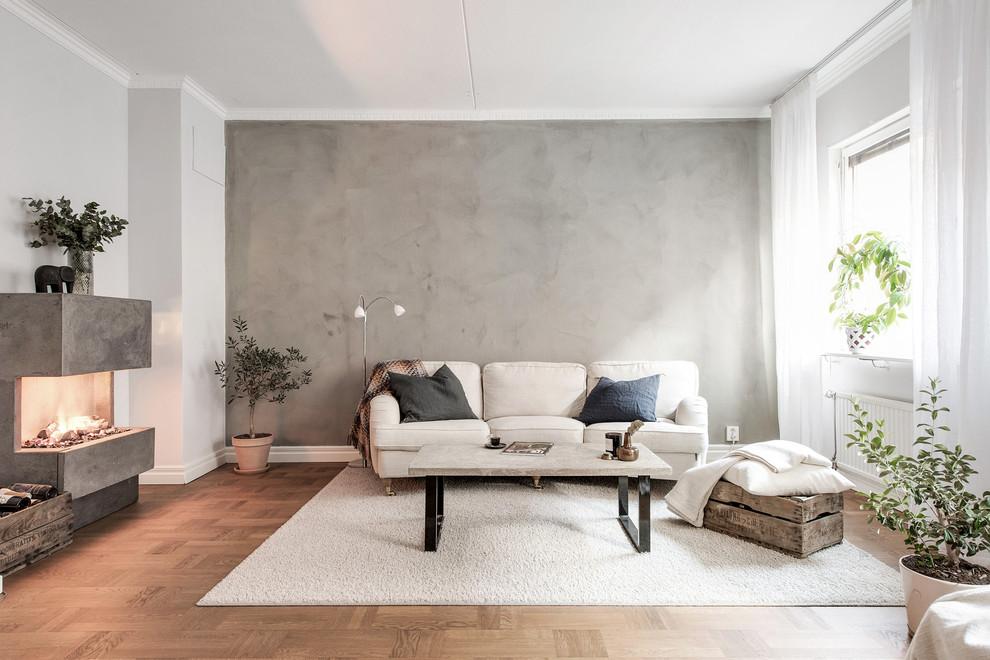 Living room - mid-sized scandinavian medium tone wood floor and brown floor living room idea in Gothenburg with gray walls, a standard fireplace and a concrete fireplace