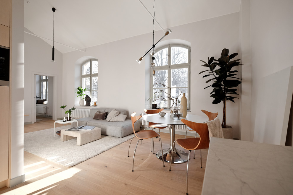 Large scandi formal open plan living room in Stockholm with grey walls, light hardwood flooring, no fireplace and no tv.