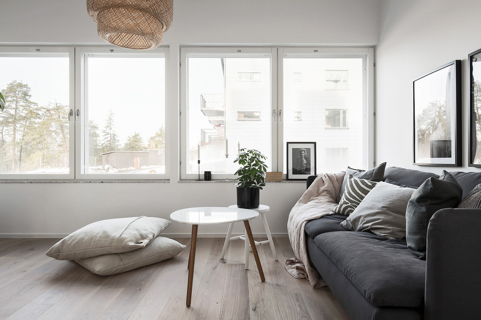 Bild på ett mellanstort minimalistiskt vardagsrum, med vita väggar och mellanmörkt trägolv