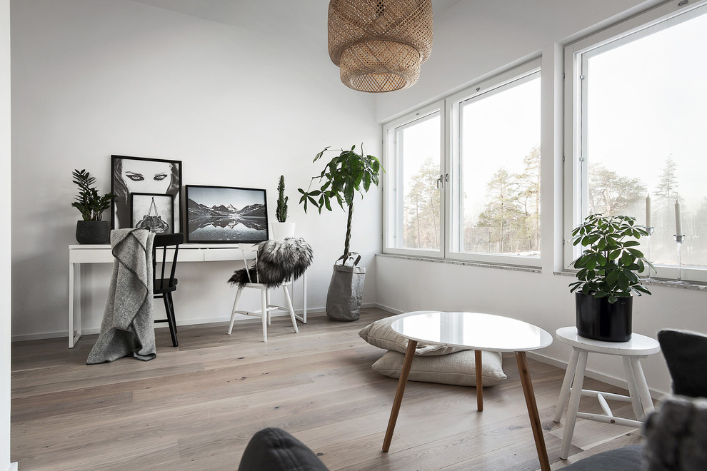 Imagen de salón nórdico de tamaño medio sin televisor con paredes blancas y suelo de madera en tonos medios