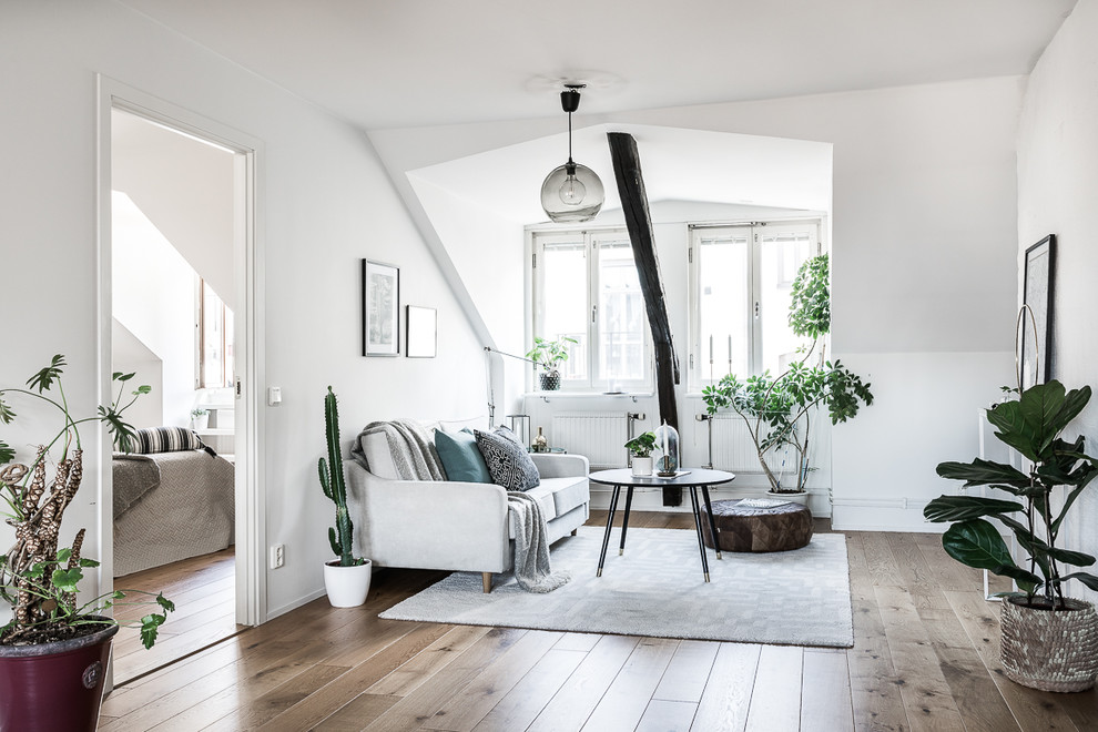 Inspiration for a mid-sized scandinavian open concept laminate floor living room remodel in Stockholm with white walls, no fireplace and no tv