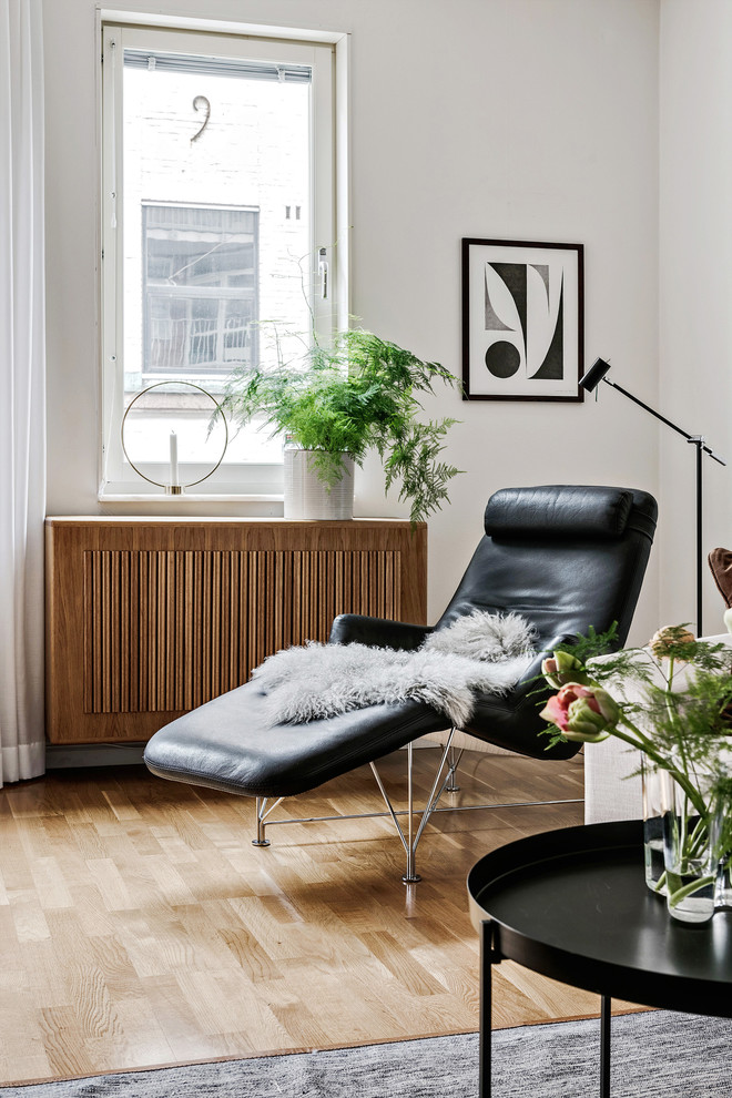Idéer för ett litet minimalistiskt separat vardagsrum, med vita väggar och mellanmörkt trägolv