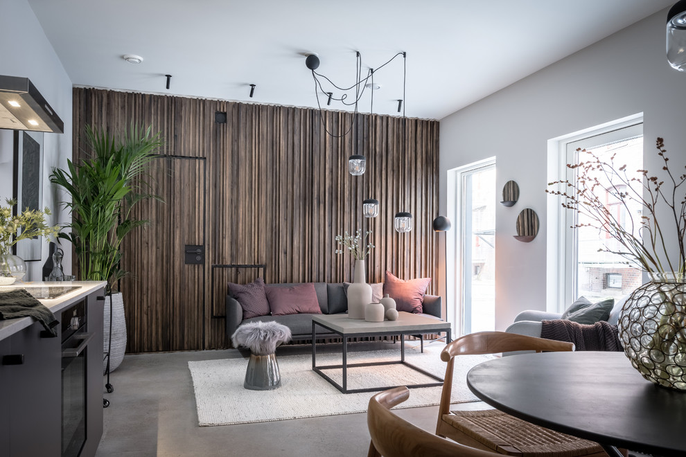 This is an example of a medium sized contemporary open plan living room in Gothenburg with brown walls, concrete flooring, no fireplace and grey floors.