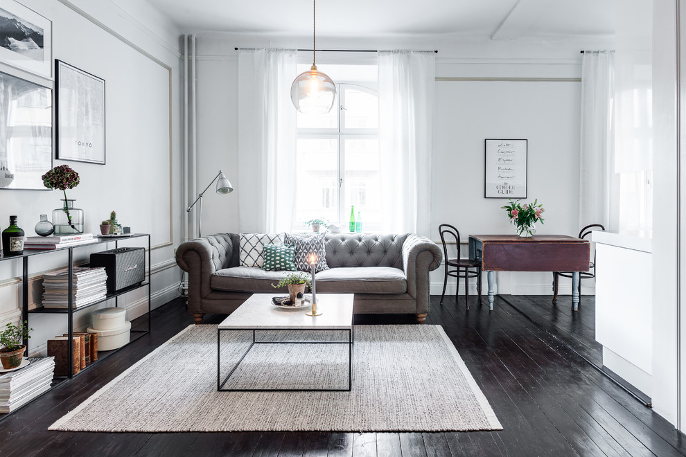 Living room - large scandinavian open concept and formal living room idea in Stockholm with white walls, no fireplace and no tv