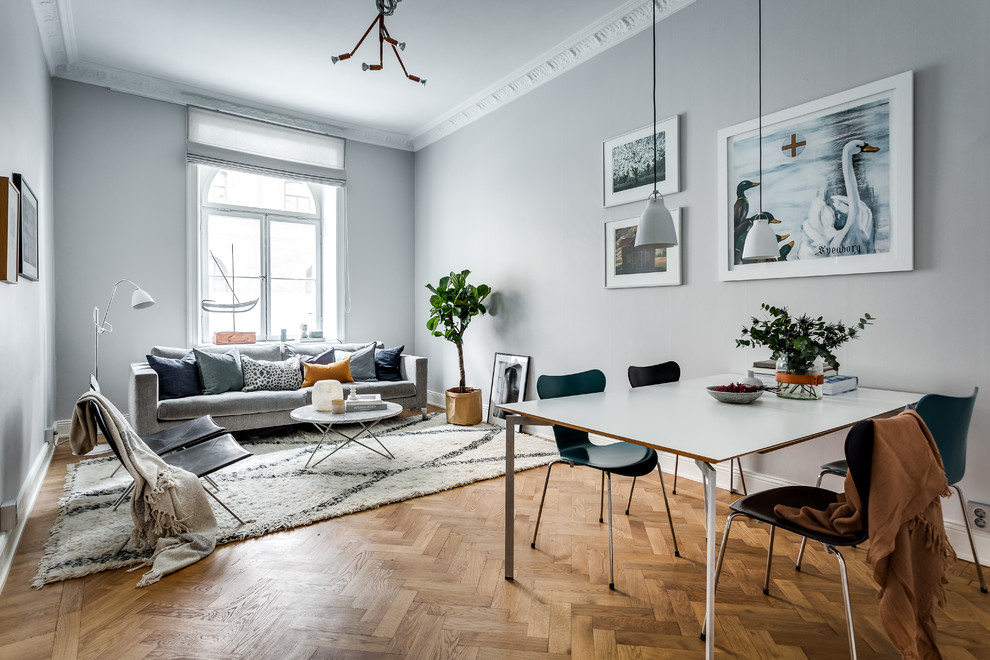 This is an example of a medium sized scandi formal open plan living room in Stockholm with grey walls, light hardwood flooring, no tv and feature lighting.