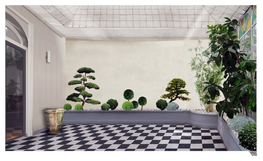 Пример оригинального дизайна: маленькая терраса в стиле неоклассика (современная классика) с мраморным полом и стеклянным потолком для на участке и в саду