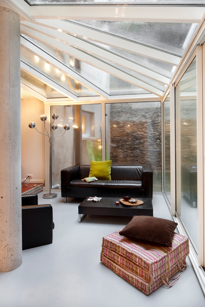 Inspiration for a medium sized contemporary conservatory in Other with a glass ceiling and no fireplace.
