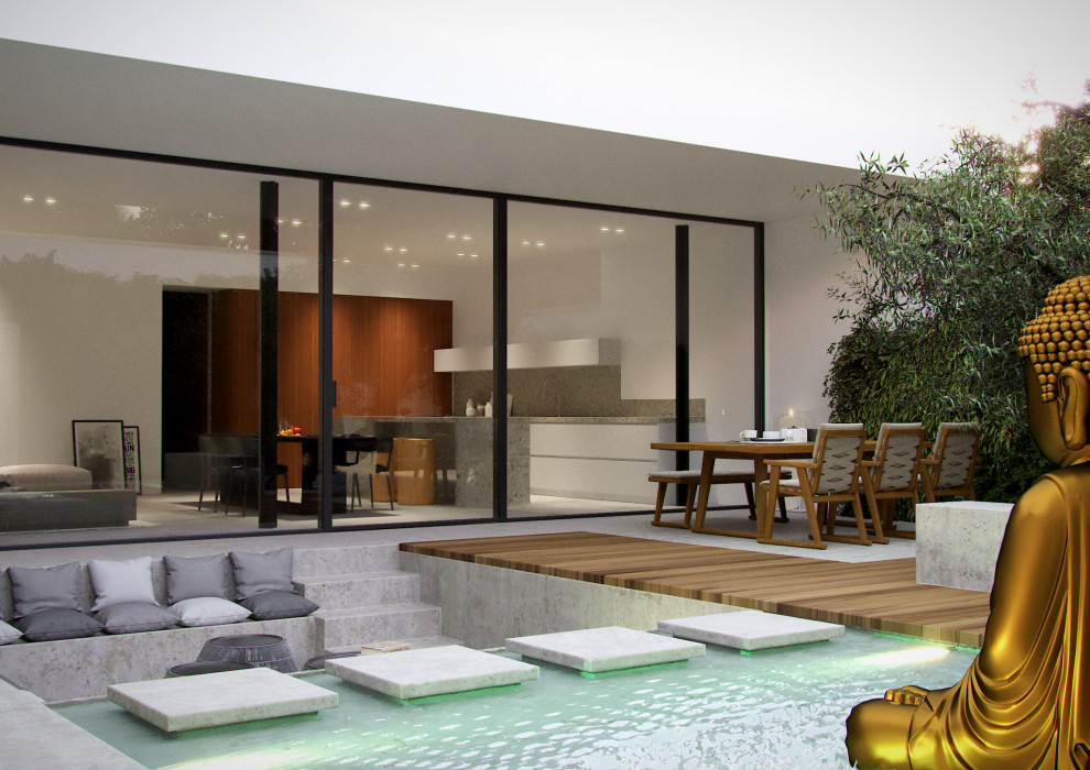 Foto di una grande veranda minimal con pavimento in gres porcellanato e pavimento grigio