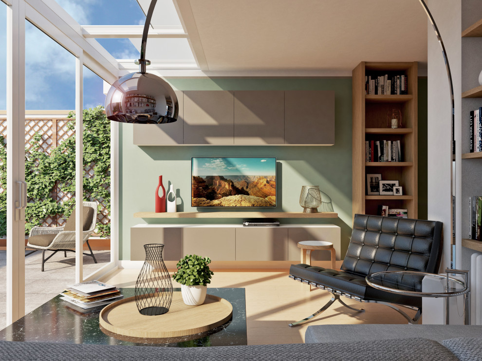 Idéer för ett mellanstort modernt uterum, med ljust trägolv, glastak och brunt golv