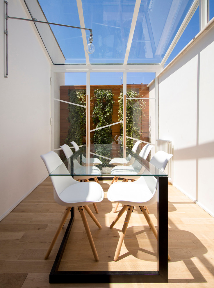 Idee per una veranda design di medie dimensioni con parquet chiaro e soffitto in vetro