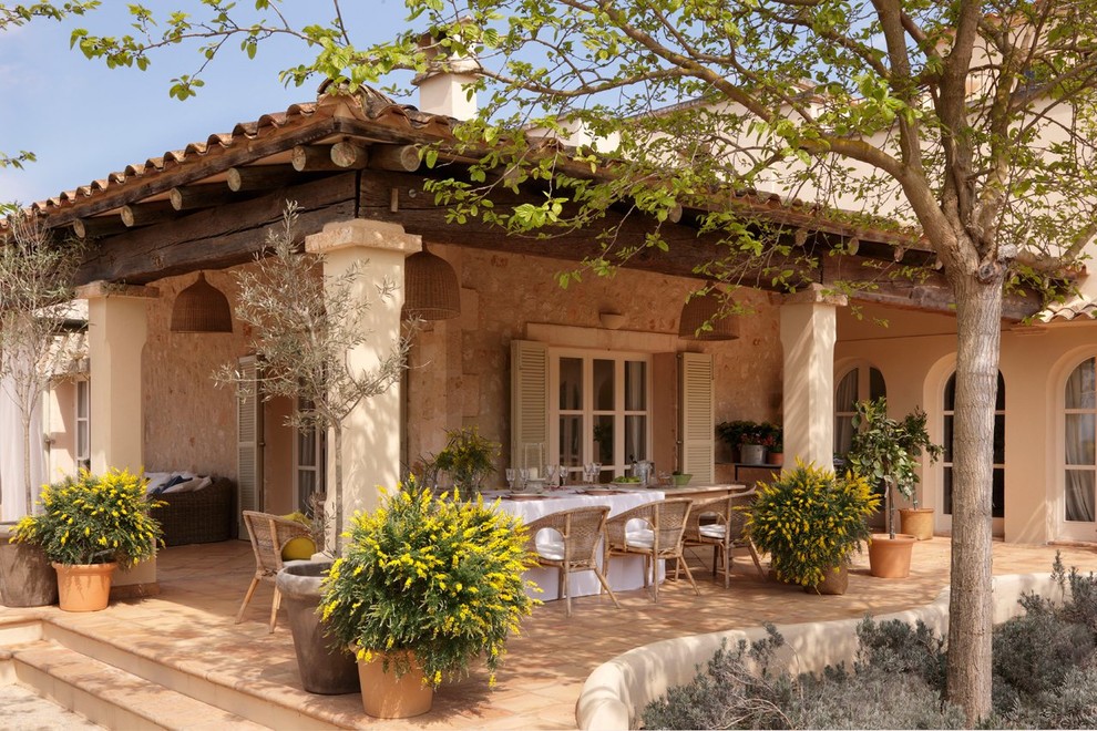 This is an example of a mediterranean back veranda in Palma de Mallorca with a potted garden and a roof extension.