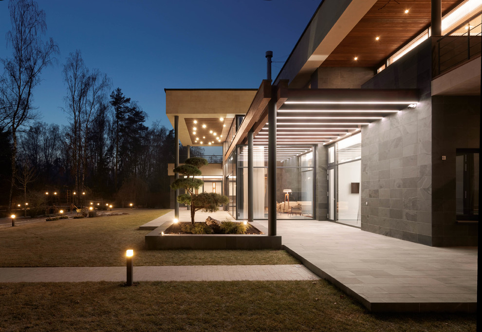 Cette image montre un grand porche d'entrée de maison design avec une extension de toiture.